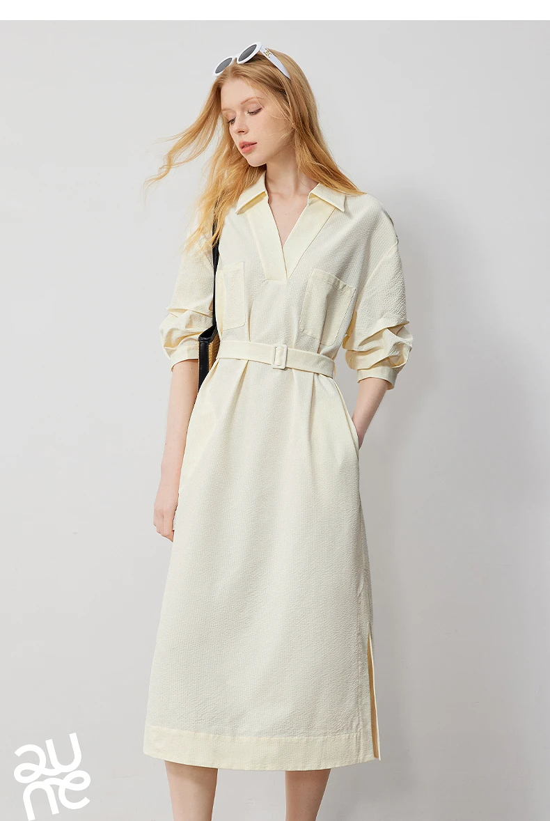 TOYOUTH Women Shirt Dress 2024 Summer New V Turn Down Collar Half Lantern Sleeve Jacquard A-line Midi Dress With Waist Belt
