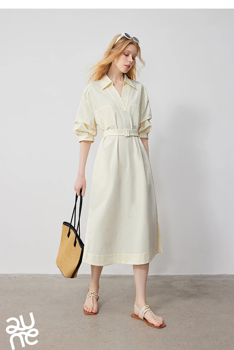 TOYOUTH Women Shirt Dress 2024 Summer New V Turn Down Collar Half Lantern Sleeve Jacquard A-line Midi Dress With Waist Belt