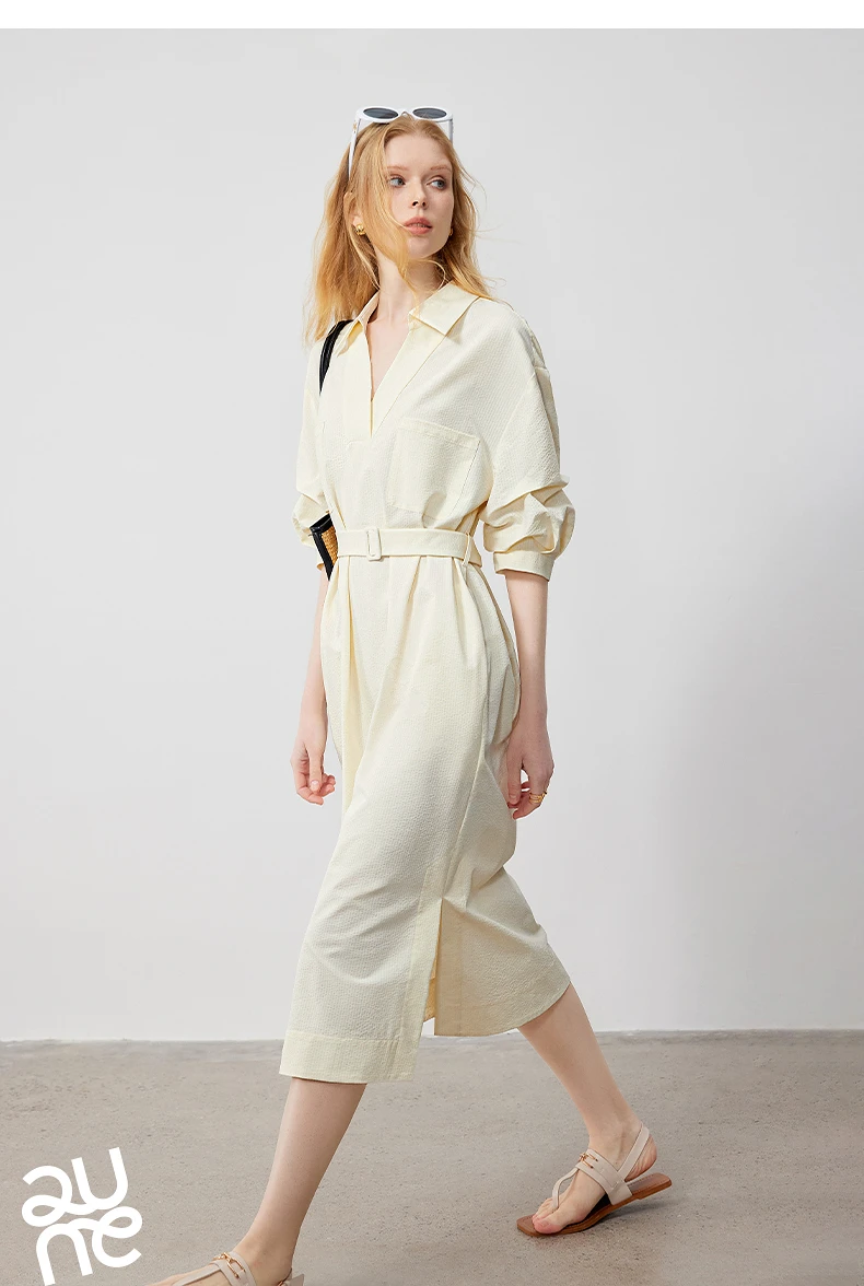 TOYOUTH Women Shirt Dress 2024 Summer New V Turn Down Collar Half Lantern Sleeve Jacquard A-line Midi Dress With Waist Belt