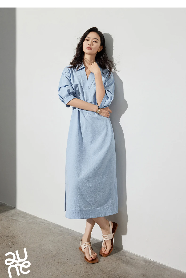 TOYOUTH Women Shirt Dress 2024 Summer New V Turn Down Collar Half Lantern Sleeve Jacquard A-line Midi Dress With Waist Belt