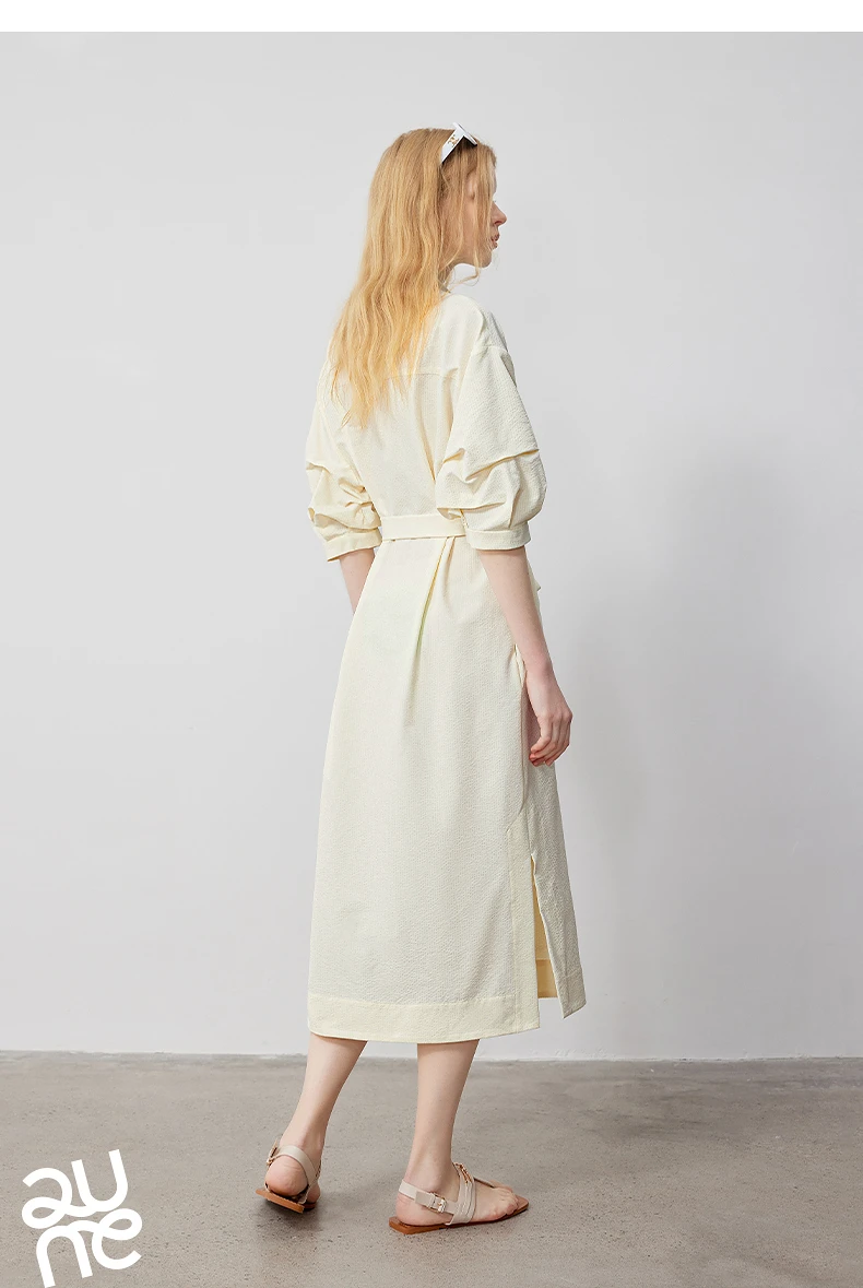 TOYOUTH Women Shirt Dress 2024 Summer New V Turn Down Collar Half Lantern Sleeve Jacquard A-line Midi Dress With Waist Belt