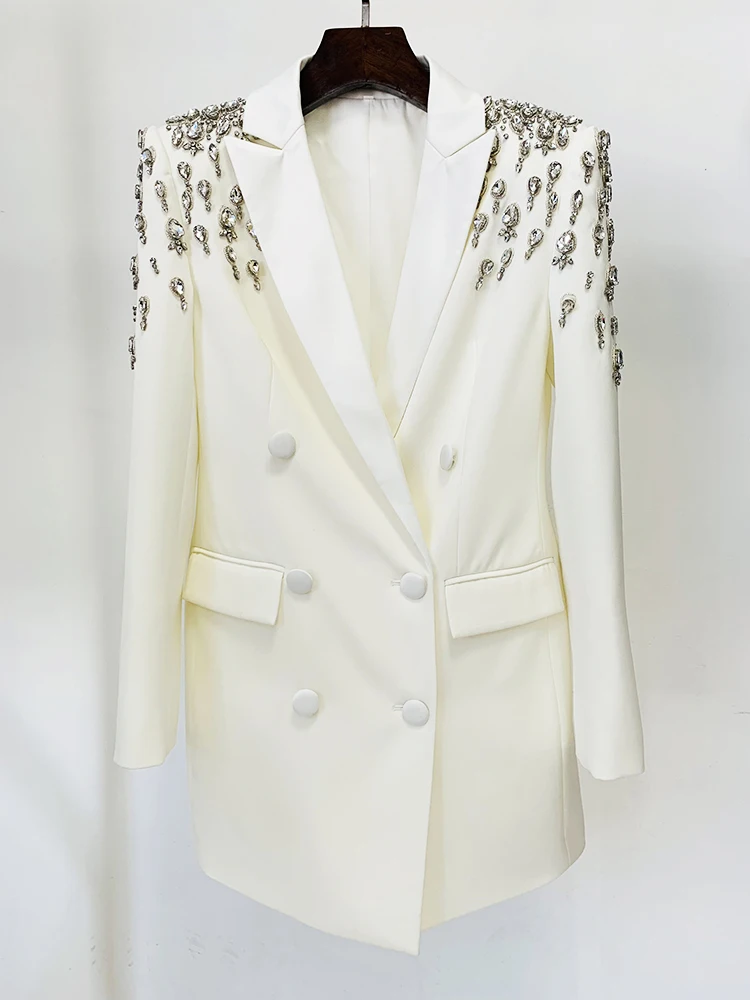 HIGH STREET Newest 2026 Designer Jacket Women's Double Breasted Rhinestone Diamonds Beaded Long Blazer Dress
