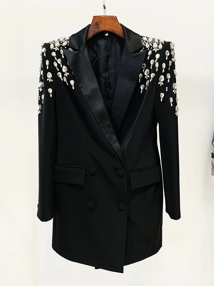 HIGH STREET Newest 2026 Designer Jacket Women's Double Breasted Rhinestone Diamonds Beaded Long Blazer Dress