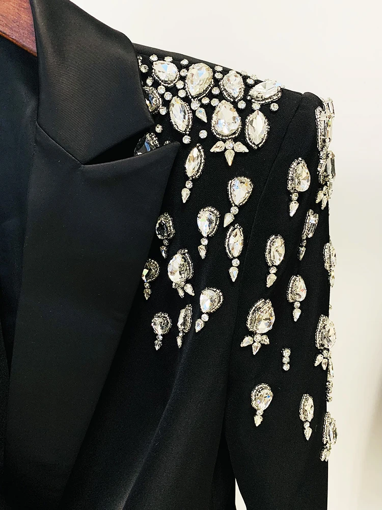 HIGH STREET Newest 2026 Designer Jacket Women's Double Breasted Rhinestone Diamonds Beaded Long Blazer Dress