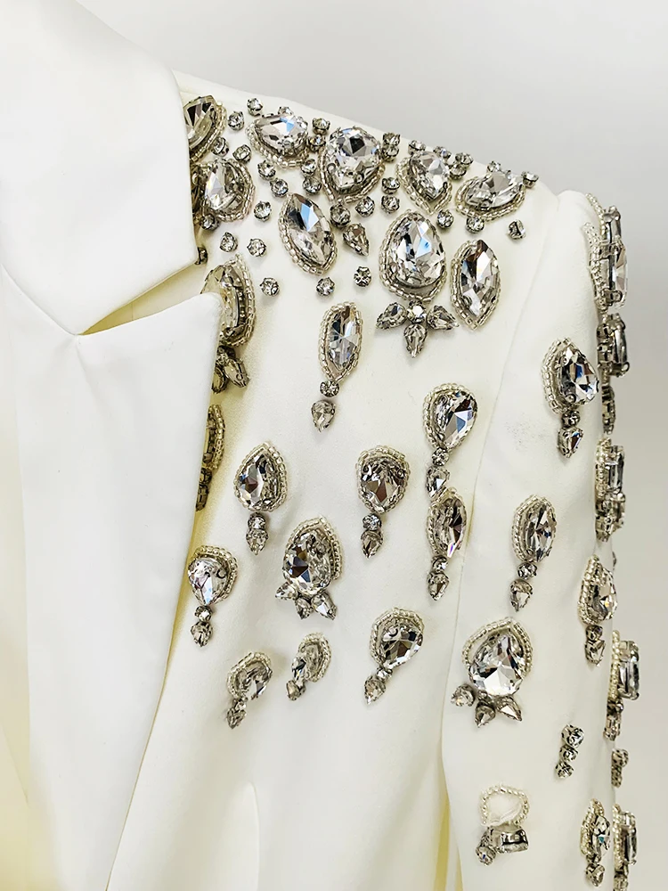 HIGH STREET Newest 2026 Designer Jacket Women's Double Breasted Rhinestone Diamonds Beaded Long Blazer Dress