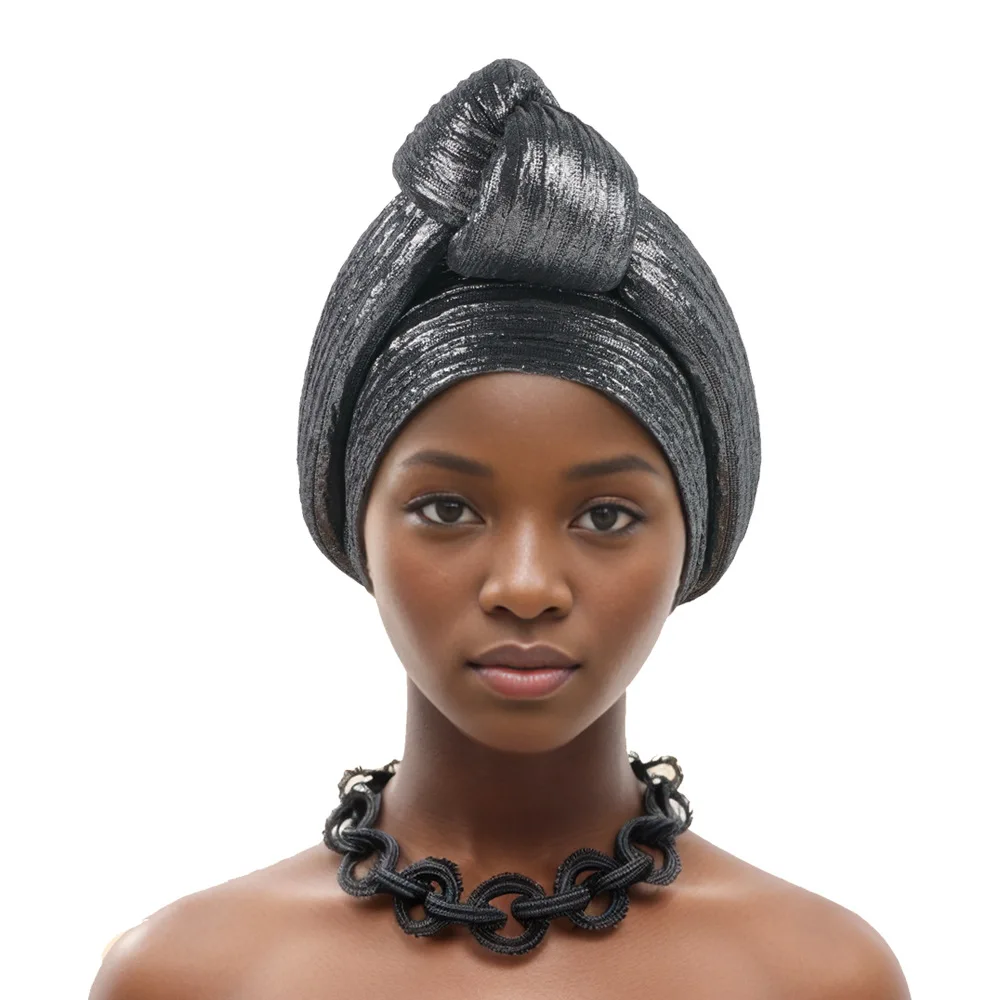 Glitter Fabric Top Knotted Turban Cap Fashion Women Headscarf Hat African Head Wraps Nigerian Wedding Party Headwear Bonnet