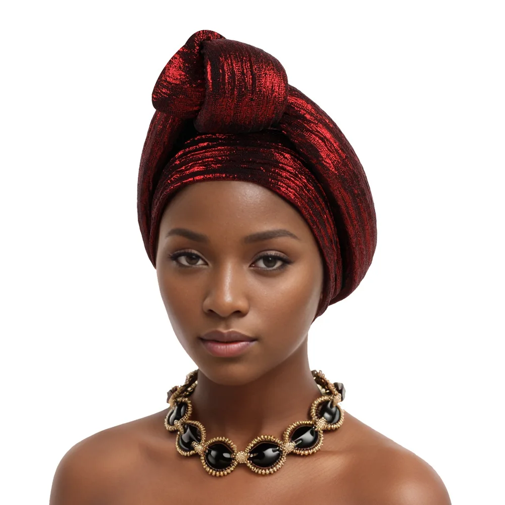 Glitter Fabric Top Knotted Turban Cap Fashion Women Headscarf Hat African Head Wraps Nigerian Wedding Party Headwear Bonnet