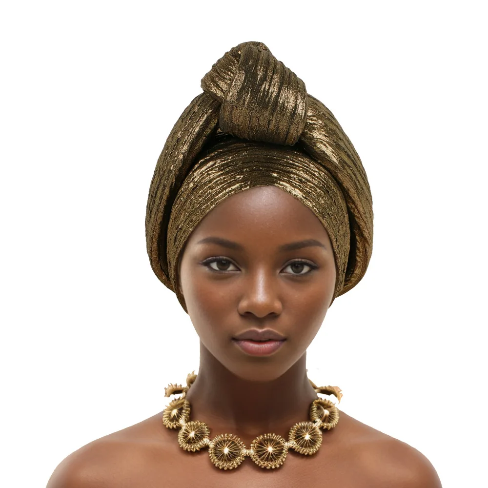 Glitter Fabric Top Knotted Turban Cap Fashion Women Headscarf Hat African Head Wraps Nigerian Wedding Party Headwear Bonnet