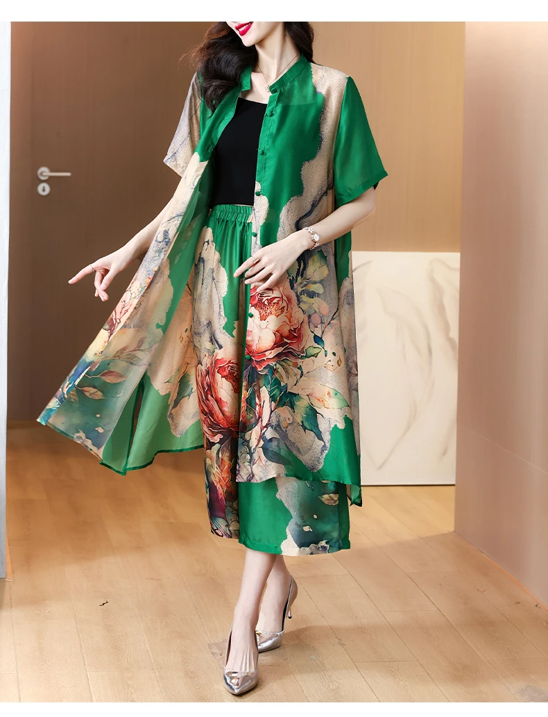 2024 Summer Floral Vintage Beach Suit P Loose Print Chiffon Casual Suit Pants Women Elegant Bodycon Party Vestidos