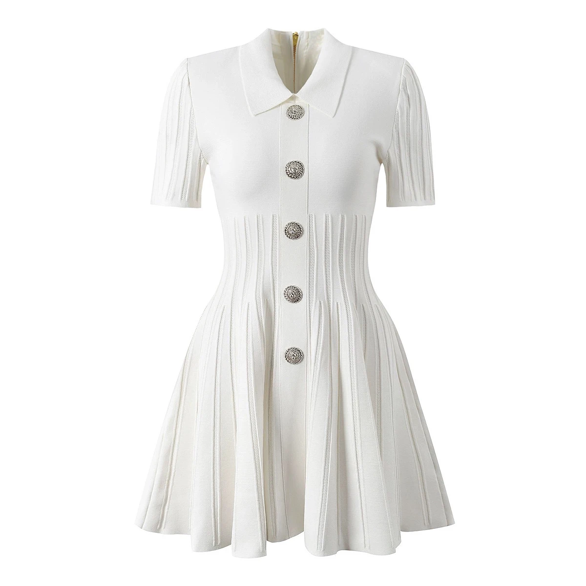 SML High Quality Fashionable Elastic Knitted Solid Color Flip Collar Button Back Zipper Large hem Pleated Casual Women's Dress