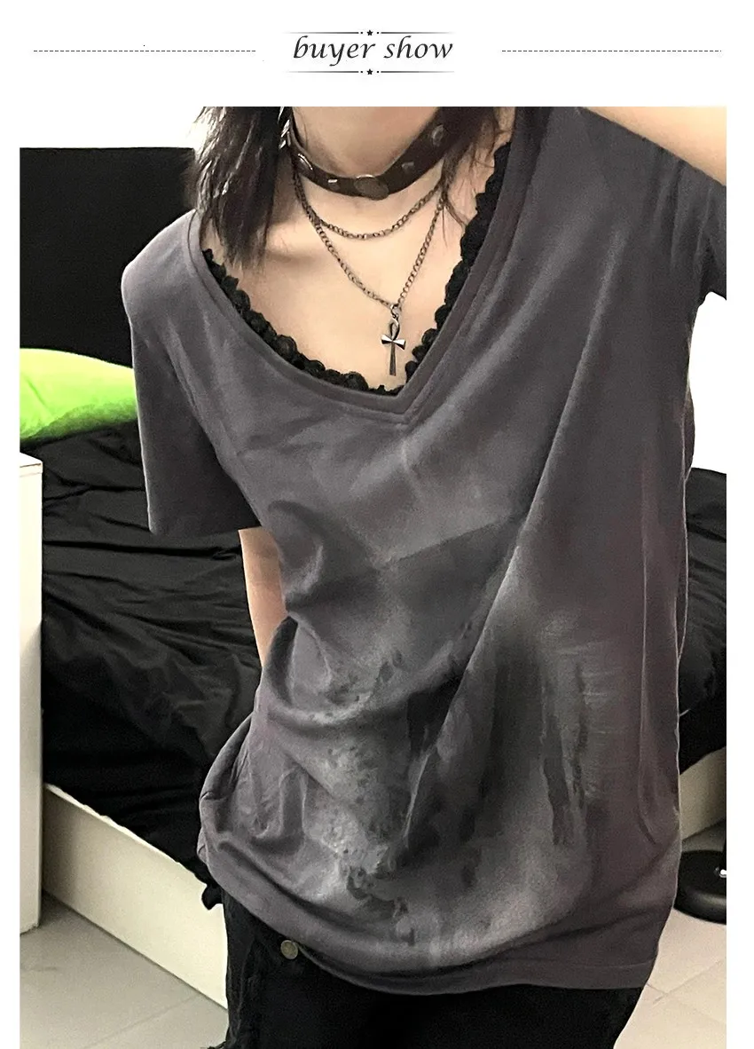 Karrcat Grunge Aesthetics Graffiti Print T-shirt Vintage Distressed Short Sleeve T Shirt Trashy Y2k V-neck Lace Patchwork Tops