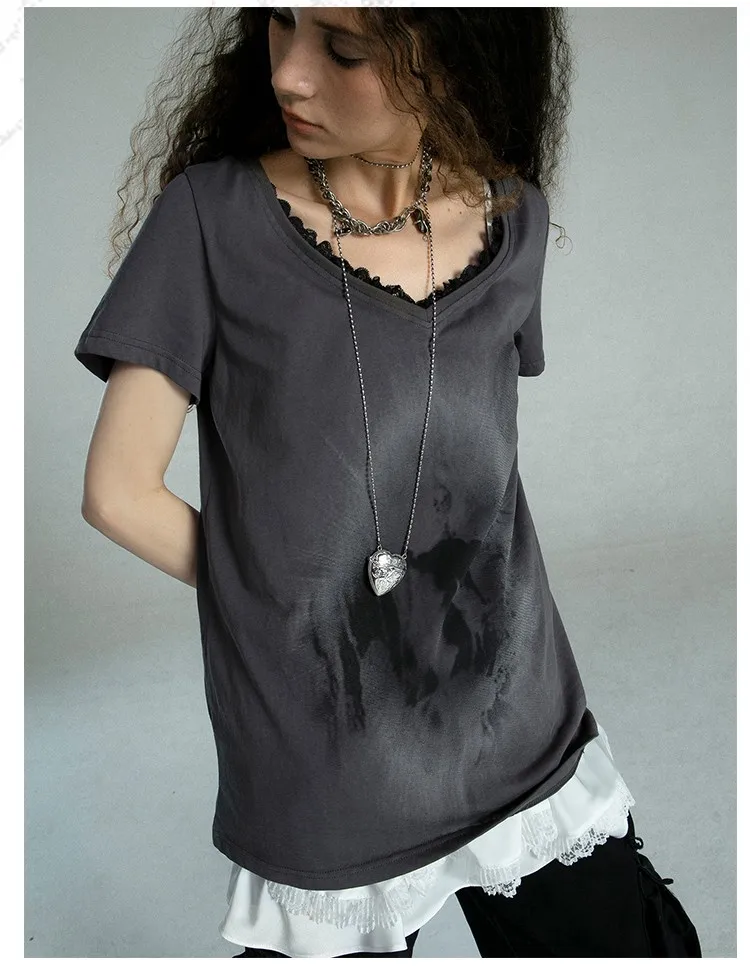 Karrcat Grunge Aesthetics Graffiti Print T-shirt Vintage Distressed Short Sleeve T Shirt Trashy Y2k V-neck Lace Patchwork Tops