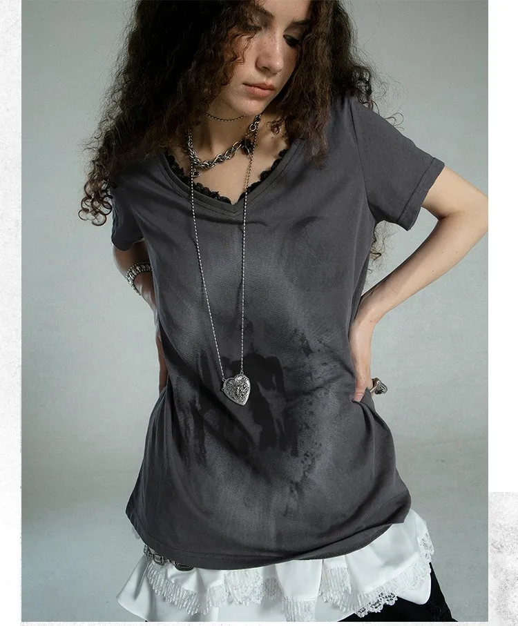 Karrcat Grunge Aesthetics Graffiti Print T-shirt Vintage Distressed Short Sleeve T Shirt Trashy Y2k V-neck Lace Patchwork Tops