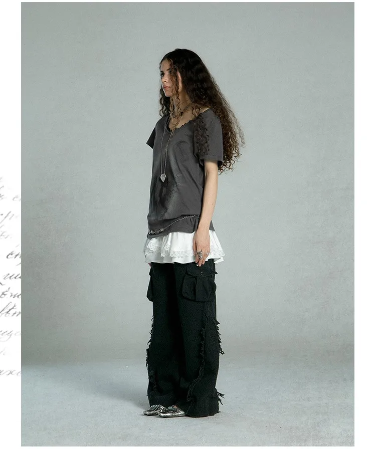 Karrcat Grunge Aesthetics Graffiti Print T-shirt Vintage Distressed Short Sleeve T Shirt Trashy Y2k V-neck Lace Patchwork Tops