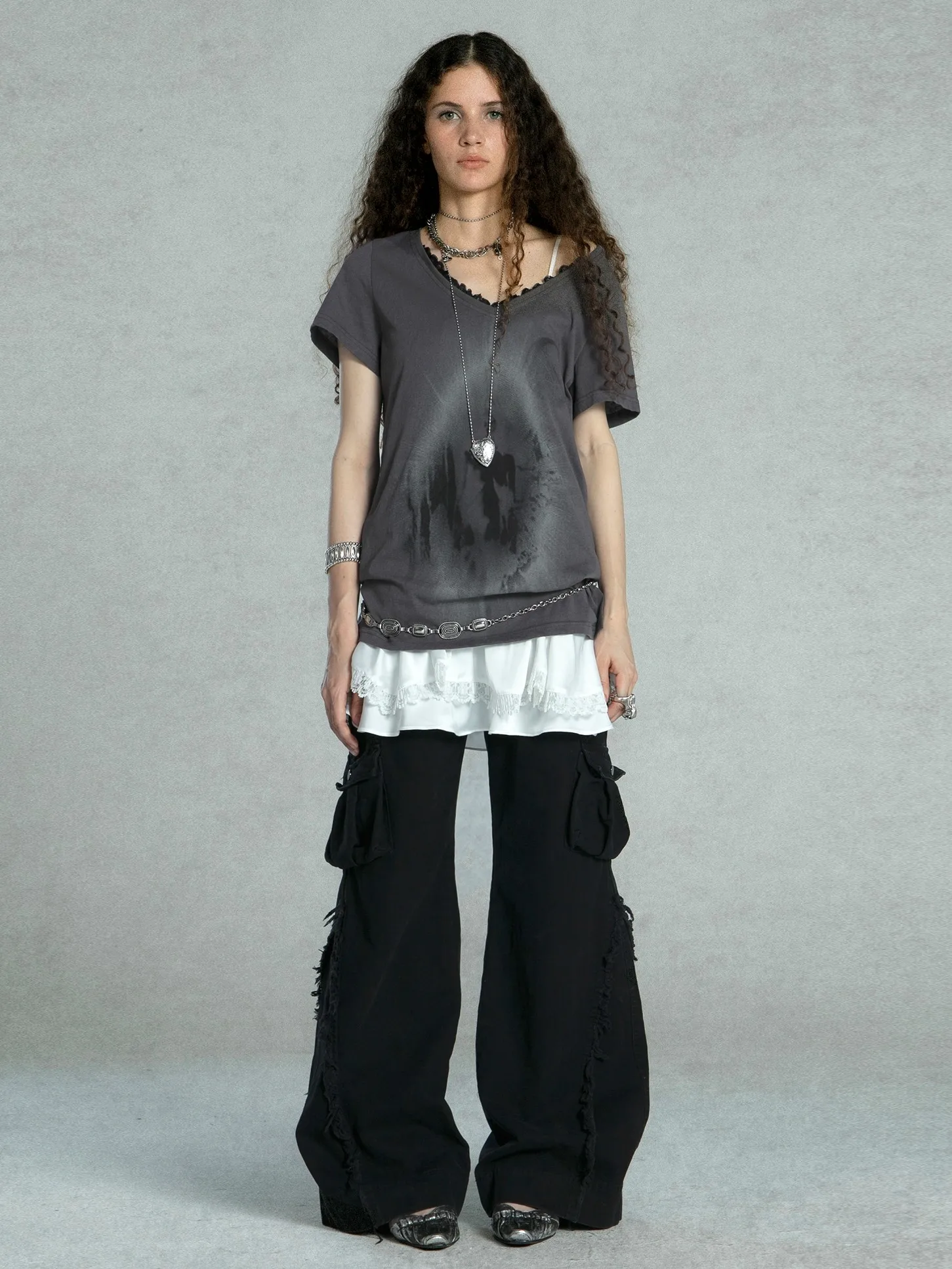 Karrcat Grunge Aesthetics Graffiti Print T-shirt Vintage Distressed Short Sleeve T Shirt Trashy Y2k V-neck Lace Patchwork Tops