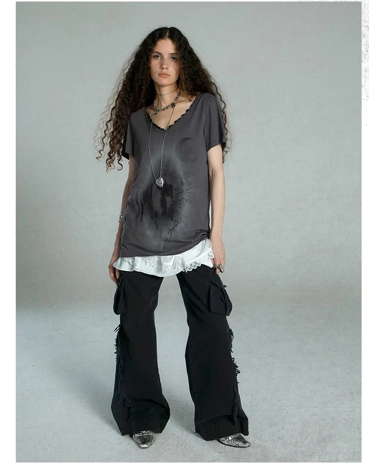Karrcat Grunge Aesthetics Graffiti Print T-shirt Vintage Distressed Short Sleeve T Shirt Trashy Y2k V-neck Lace Patchwork Tops