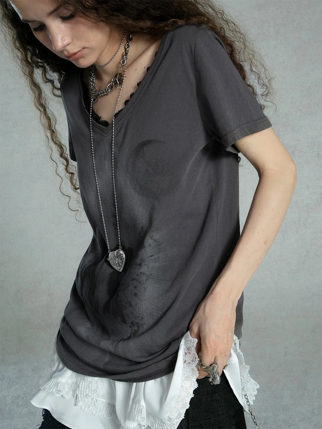 Karrcat Grunge Aesthetics Graffiti Print T-shirt Vintage Distressed Short Sleeve T Shirt Trashy Y2k V-neck Lace Patchwork Tops