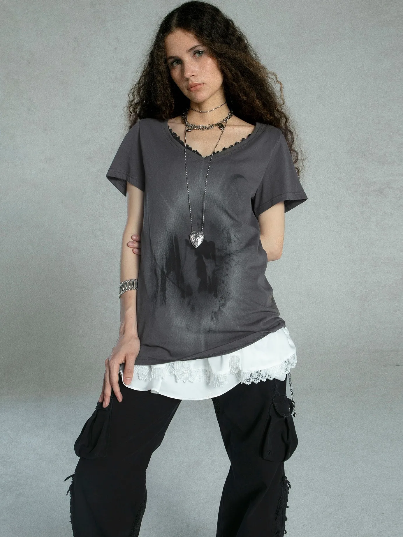 Karrcat Grunge Aesthetics Graffiti Print T-shirt Vintage Distressed Short Sleeve T Shirt Trashy Y2k V-neck Lace Patchwork Tops