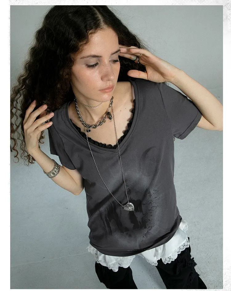 Karrcat Grunge Aesthetics Graffiti Print T-shirt Vintage Distressed Short Sleeve T Shirt Trashy Y2k V-neck Lace Patchwork Tops