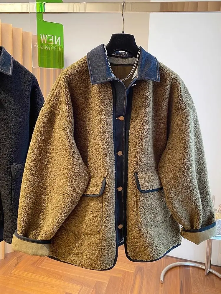 Autumn and Winter New Women's Lapel Denim Patchwork Lamb Wool Jacket Loose Commuting Jacket