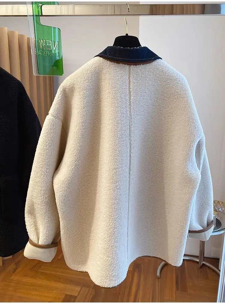 Autumn and Winter New Women's Lapel Denim Patchwork Lamb Wool Jacket Loose Commuting Jacket