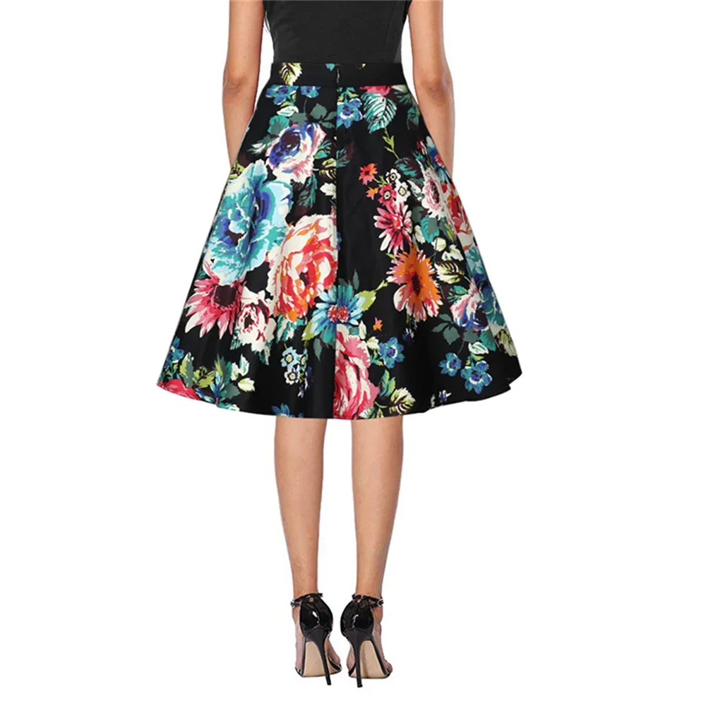 2024 Women Causal A Line Swing Runway Skirt Floral Print Fashion Sexy Summer Vintage Skirt Slim High Waist Pinup 50s 60s Skirts