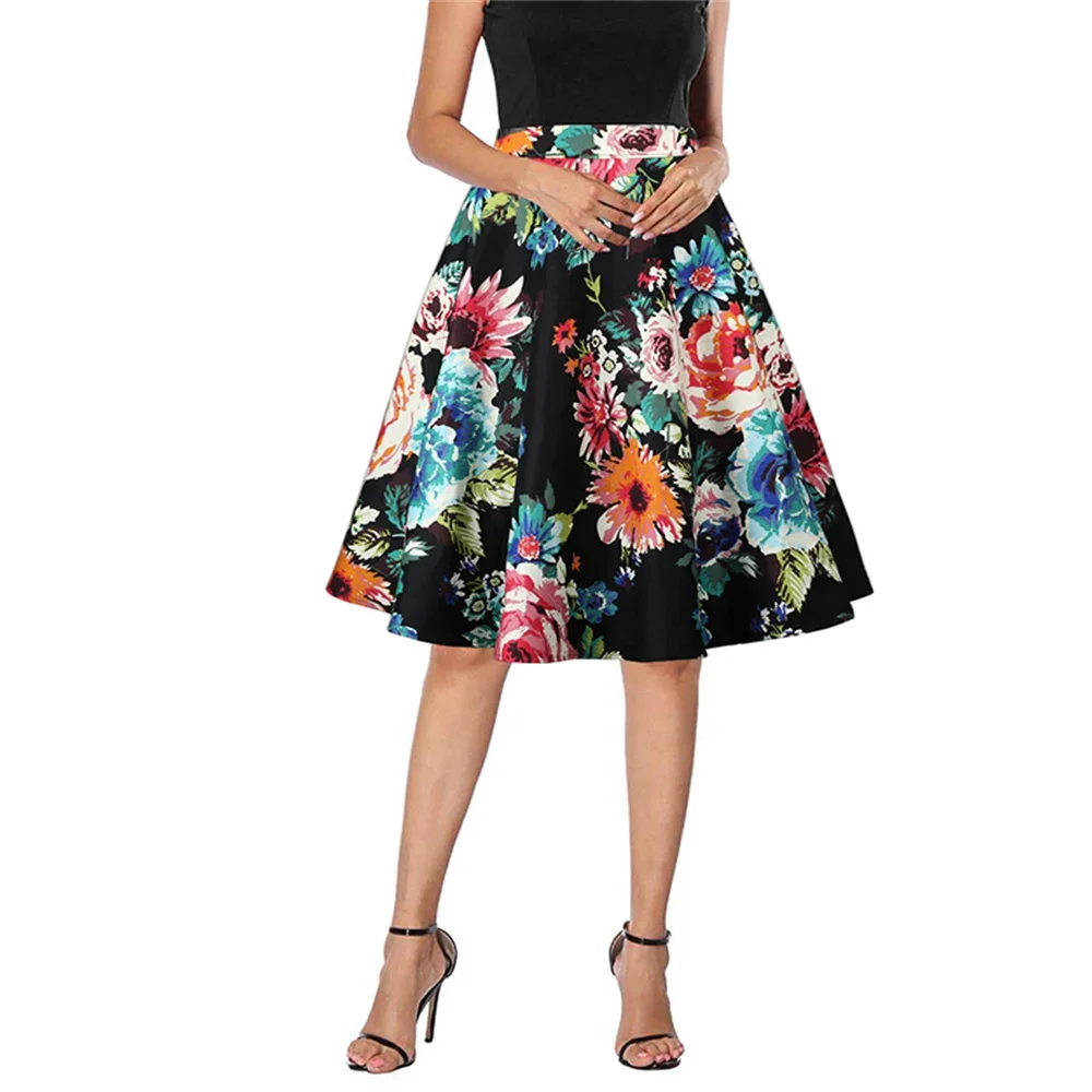 2024 Women Causal A Line Swing Runway Skirt Floral Print Fashion Sexy Summer Vintage Skirt Slim High Waist Pinup 50s 60s Skirts