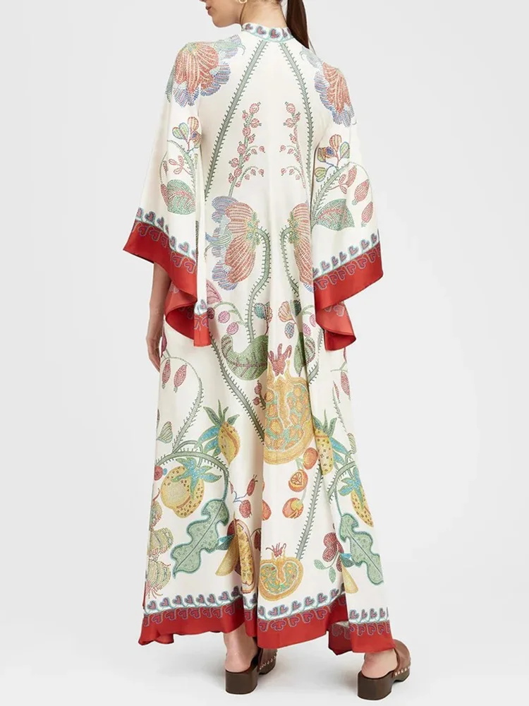 2025 Loose Fit Three Quarter Sleeve Lace-Up Party Dress Women Spring Summer Printing V-Neck Maxi Dress Streetwear Dropshipping