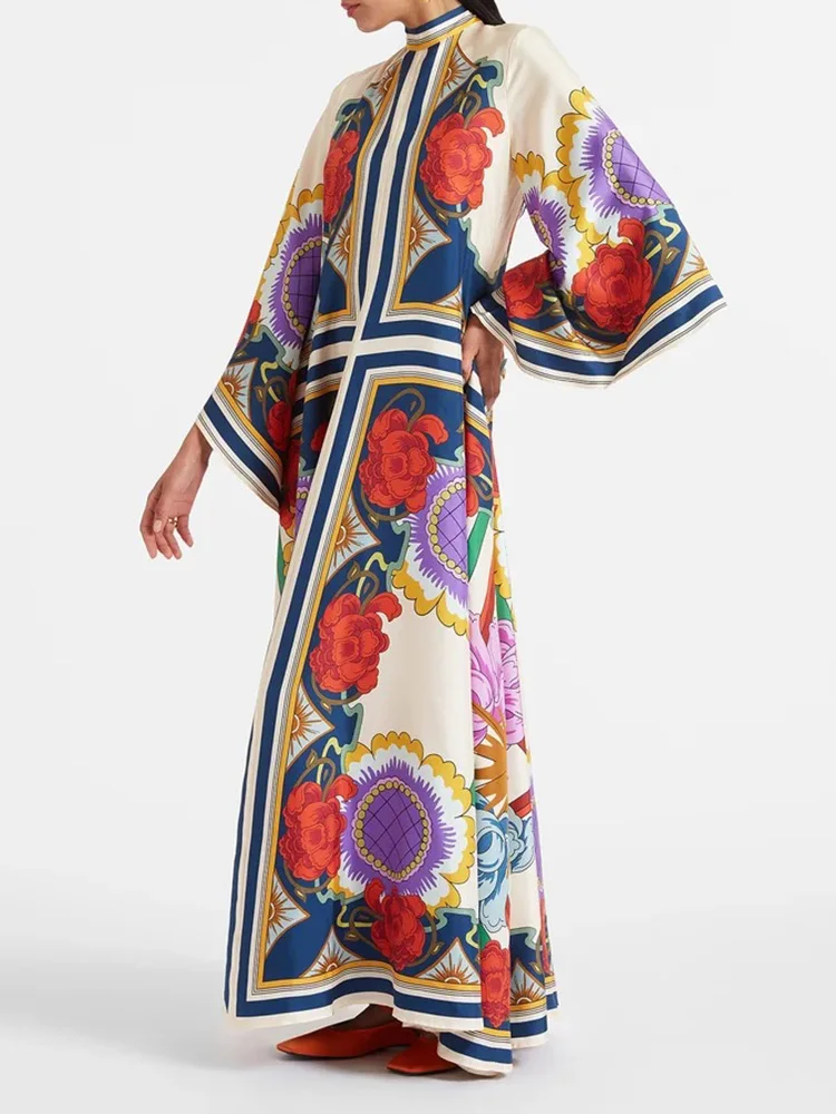 2025 Loose Fit Three Quarter Sleeve Lace-Up Party Dress Women Spring Summer Printing V-Neck Maxi Dress Streetwear Dropshipping