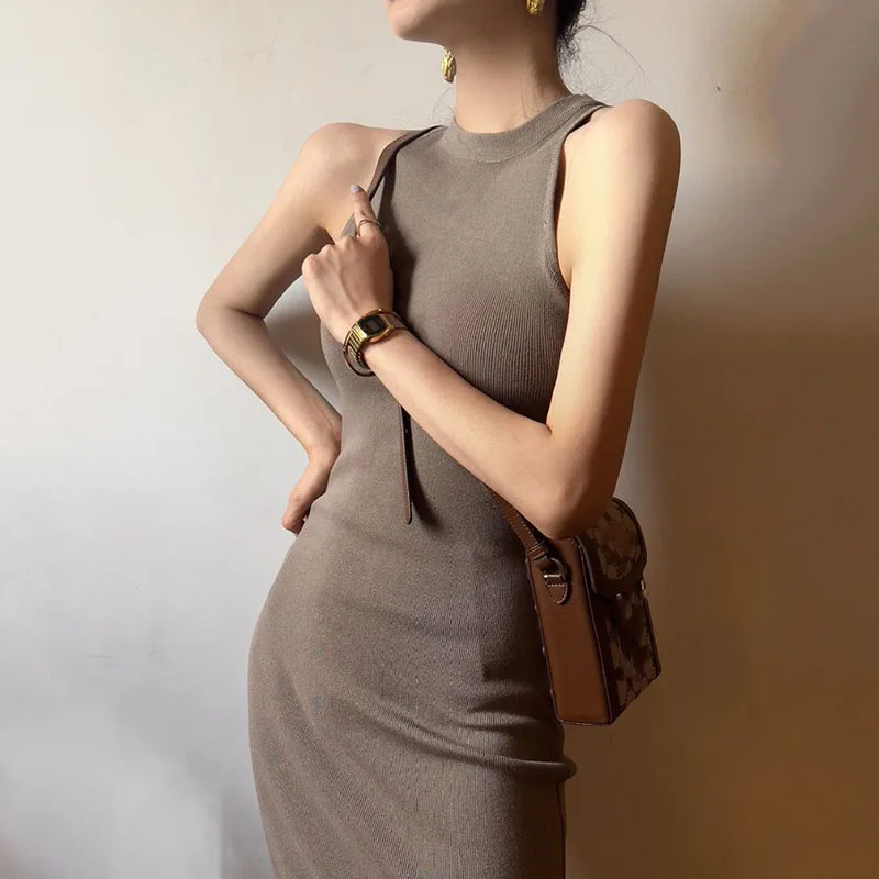 Lucyever Summer Sleeveless Halter Neck Women Dress Sexy Off Shoulder Split Bodycon Dresses Woman Vintage Slim Knitted Long Dress