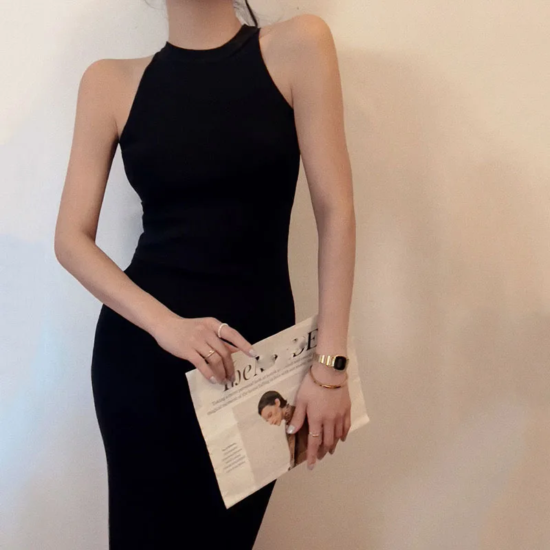Lucyever Summer Sleeveless Halter Neck Women Dress Sexy Off Shoulder Split Bodycon Dresses Woman Vintage Slim Knitted Long Dress