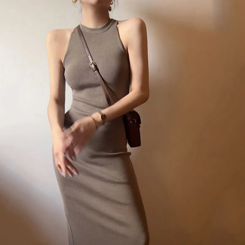 Lucyever Summer Sleeveless Halter Neck Women Dress Sexy Off Shoulder Split Bodycon Dresses Woman Vintage Slim Knitted Long Dress