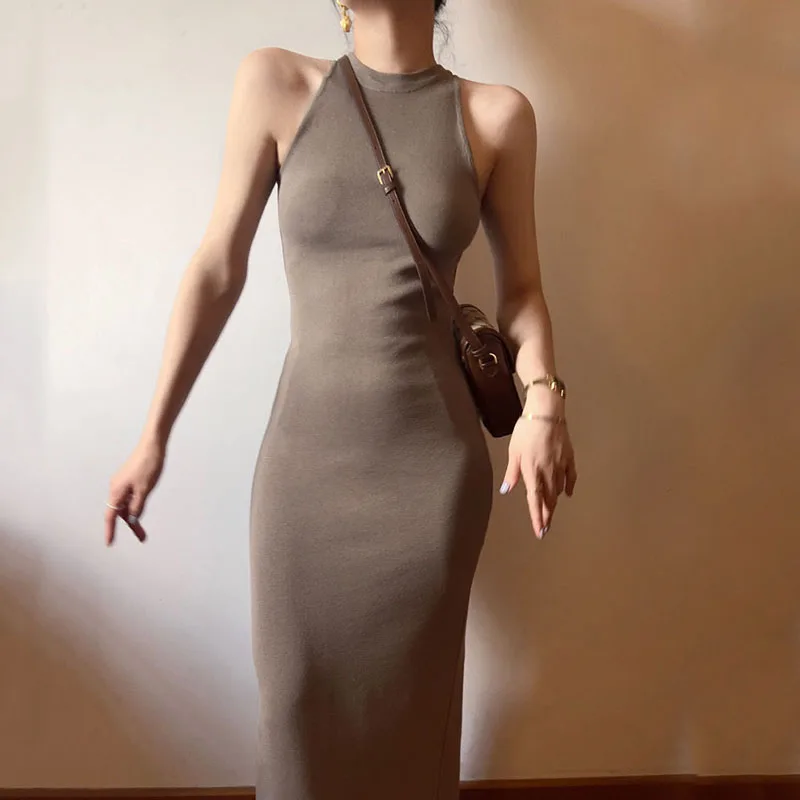 Lucyever Summer Sleeveless Halter Neck Women Dress Sexy Off Shoulder Split Bodycon Dresses Woman Vintage Slim Knitted Long Dress