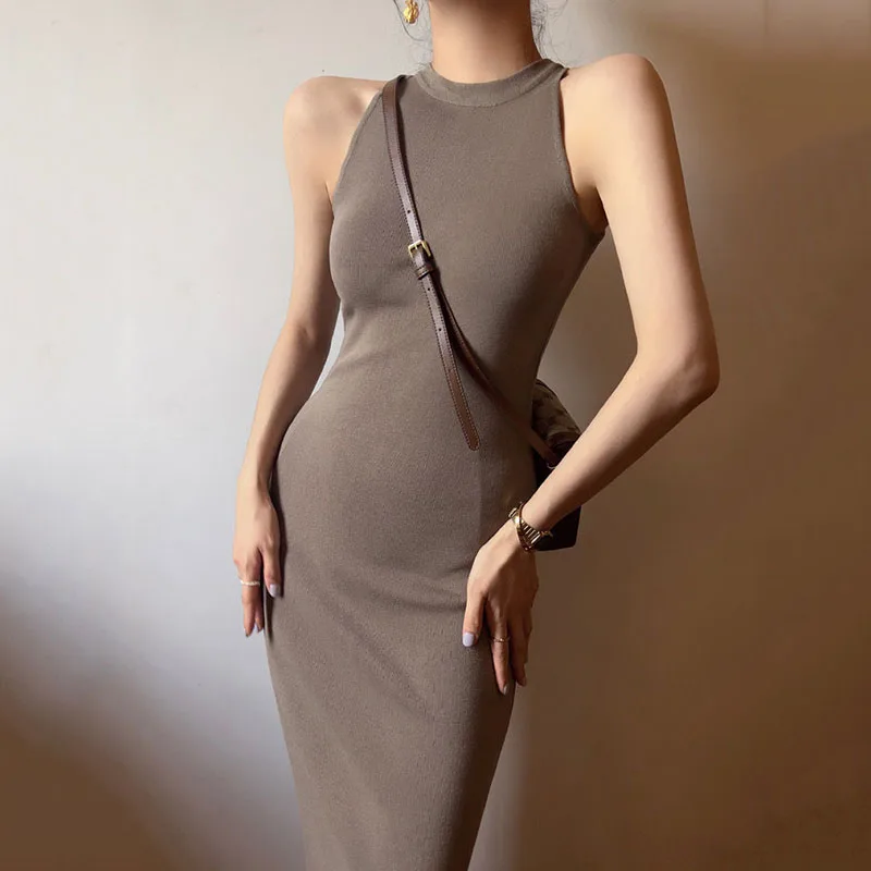 Lucyever Summer Sleeveless Halter Neck Women Dress Sexy Off Shoulder Split Bodycon Dresses Woman Vintage Slim Knitted Long Dress