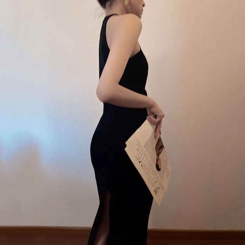 Lucyever Summer Sleeveless Halter Neck Women Dress Sexy Off Shoulder Split Bodycon Dresses Woman Vintage Slim Knitted Long Dress
