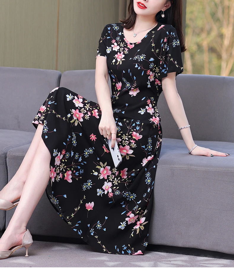 New Fashion Casual 2024 Summer Elegant Dresses For Women O-Neck Print Vintage Short Sleeve Dress Loose Women Clothing