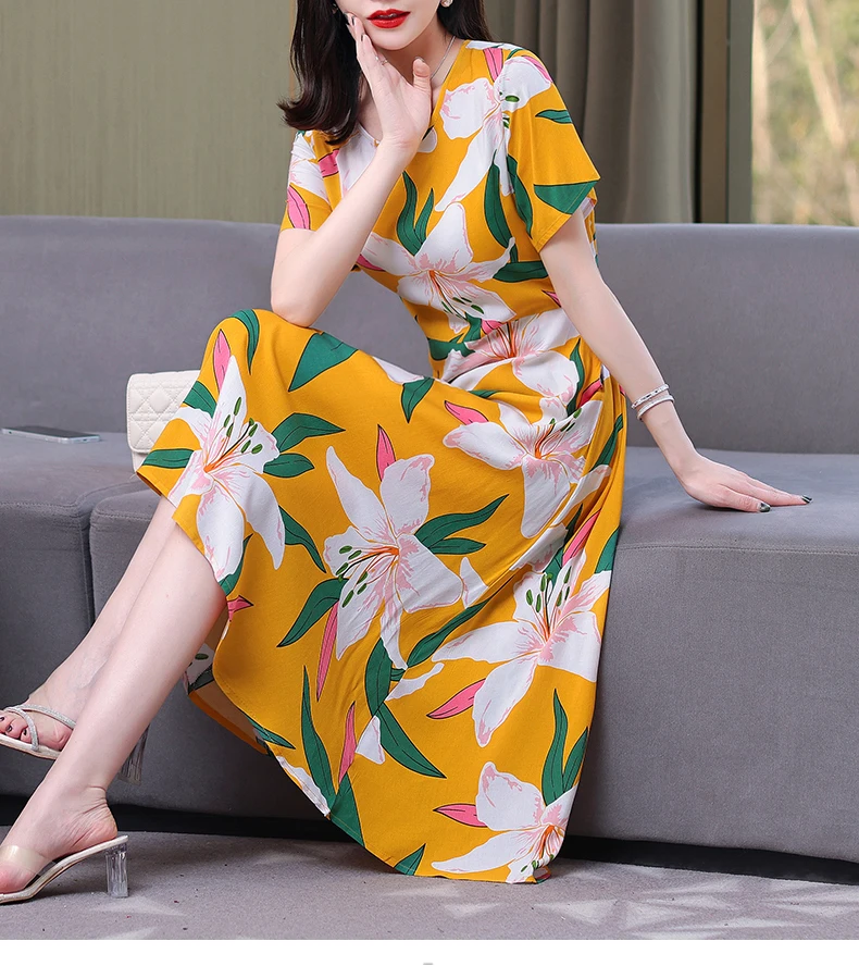 New Fashion Casual 2024 Summer Elegant Dresses For Women O-Neck Print Vintage Short Sleeve Dress Loose Women Clothing