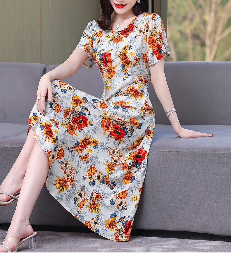 New Fashion Casual 2024 Summer Elegant Dresses For Women O-Neck Print Vintage Short Sleeve Dress Loose Women Clothing