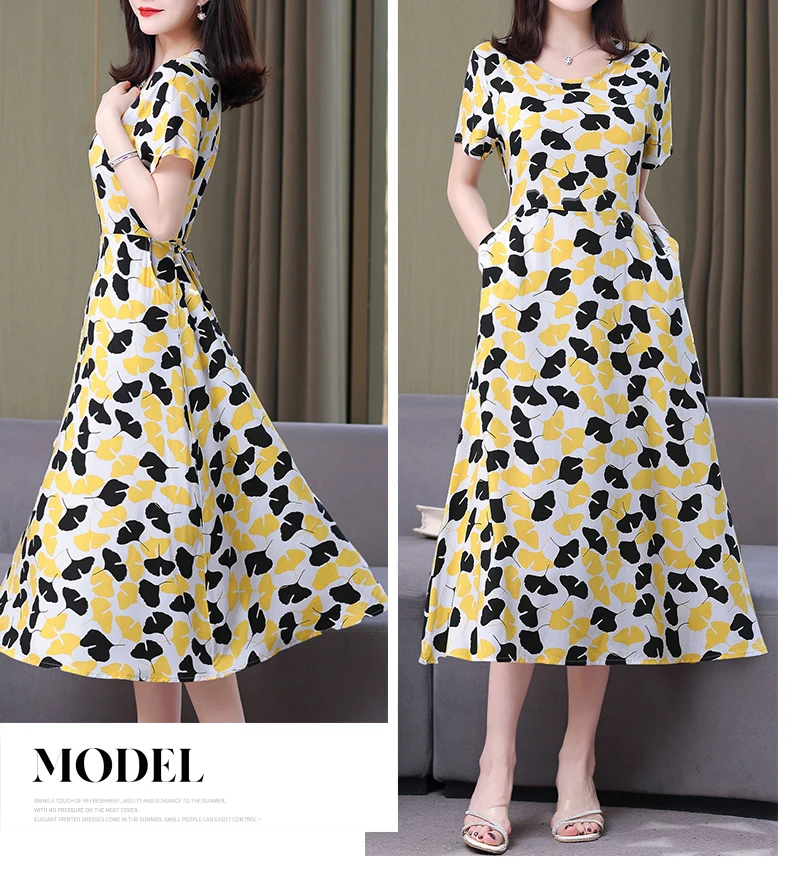 New Fashion Casual 2024 Summer Elegant Dresses For Women O-Neck Print Vintage Short Sleeve Dress Loose Women Clothing