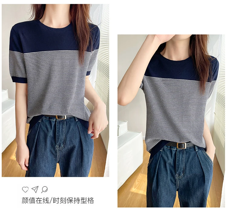 Women's T-Shirt Summer 100% Cotton Sweater Short Sleeve Striped Knitted Round Neck Ladies Tops Loose Blouse Pullover Tees