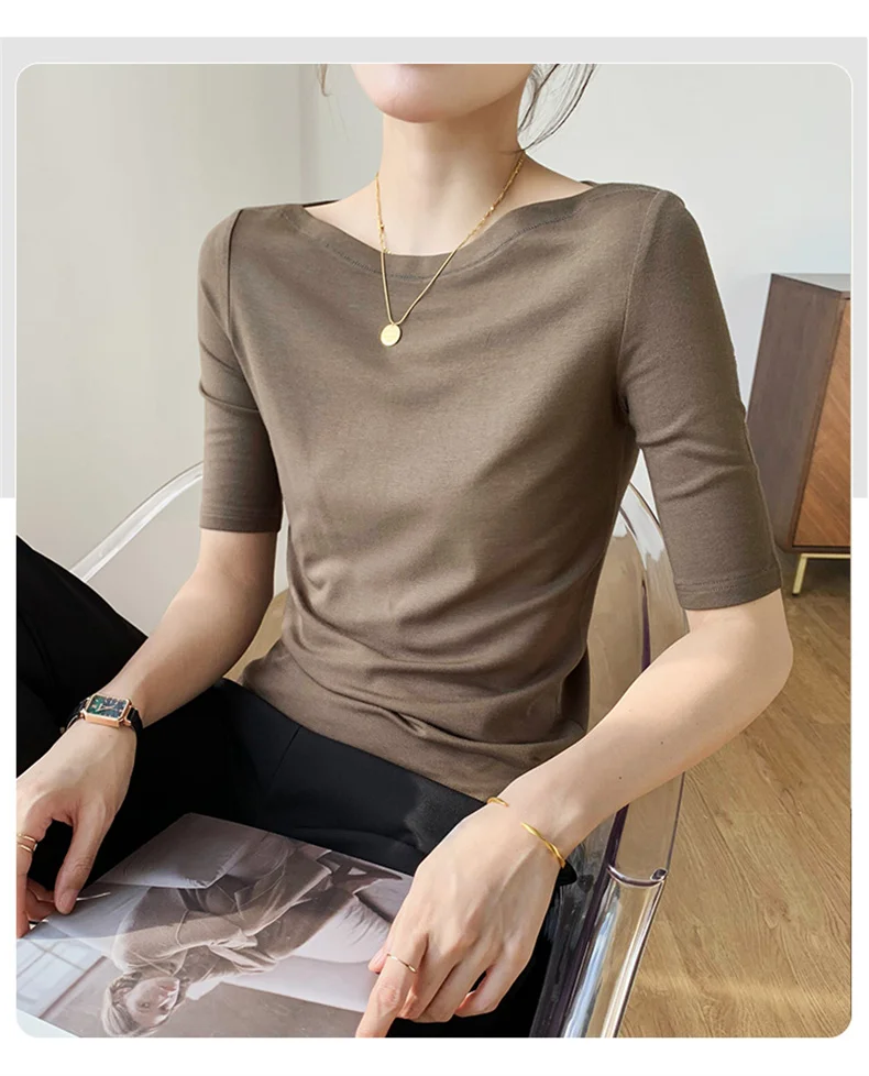 Summer New Women Knitted Cotton Elegant Slash Neck Crop Tops Half Sleeve Slim Casual Temperament Cozy Undershirts Blouses