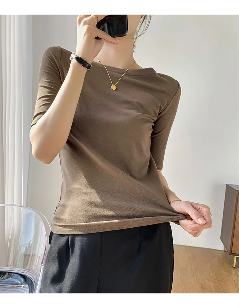 Summer New Women Knitted Cotton Elegant Slash Neck Crop Tops Half Sleeve Slim Casual Temperament Cozy Undershirts Blouses