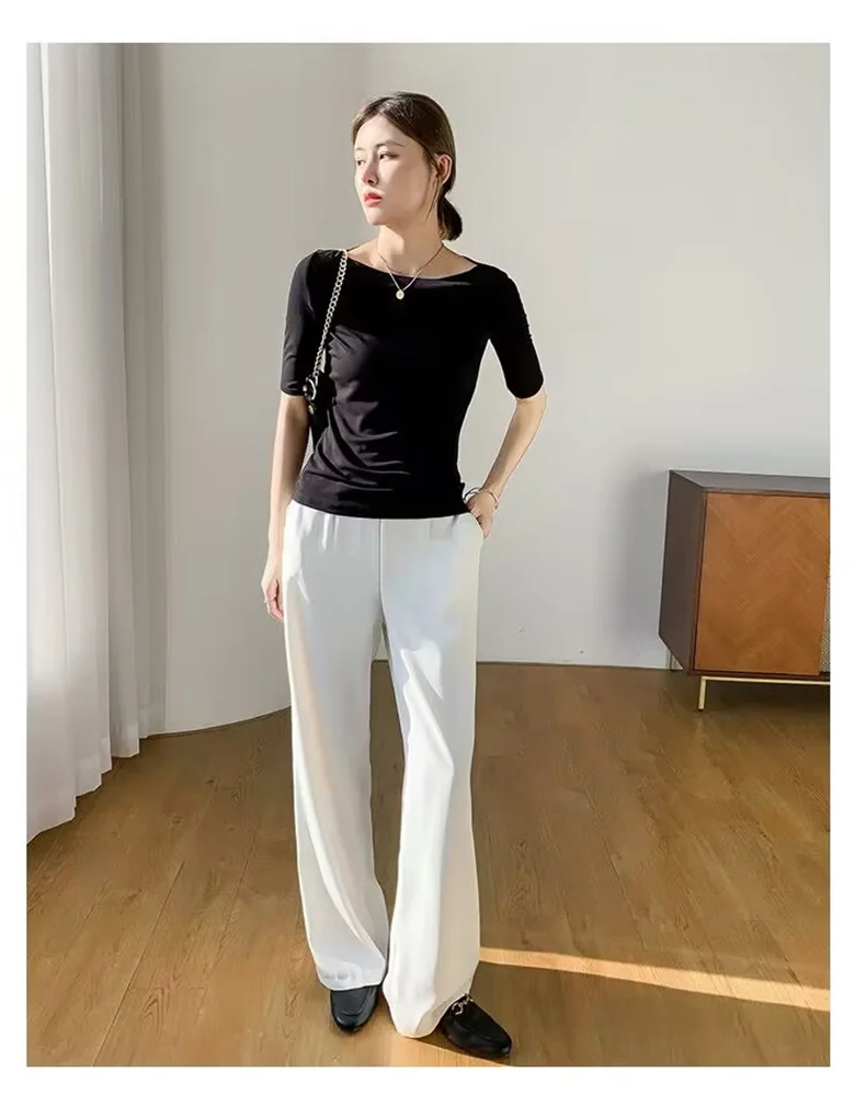 Summer New Women Knitted Cotton Elegant Slash Neck Crop Tops Half Sleeve Slim Casual Temperament Cozy Undershirts Blouses