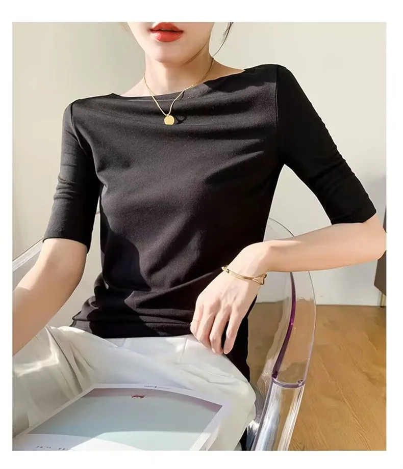 Summer New Women Knitted Cotton Elegant Slash Neck Crop Tops Half Sleeve Slim Casual Temperament Cozy Undershirts Blouses