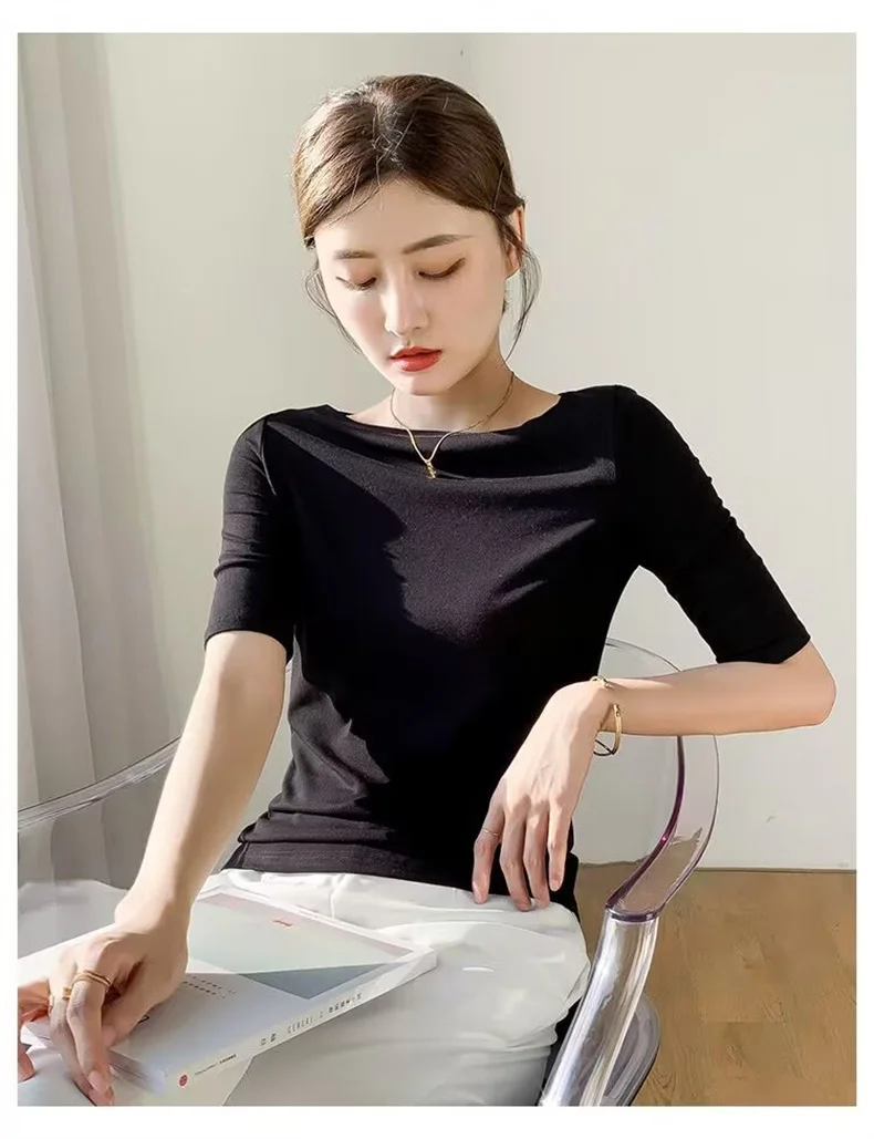 Summer New Women Knitted Cotton Elegant Slash Neck Crop Tops Half Sleeve Slim Casual Temperament Cozy Undershirts Blouses