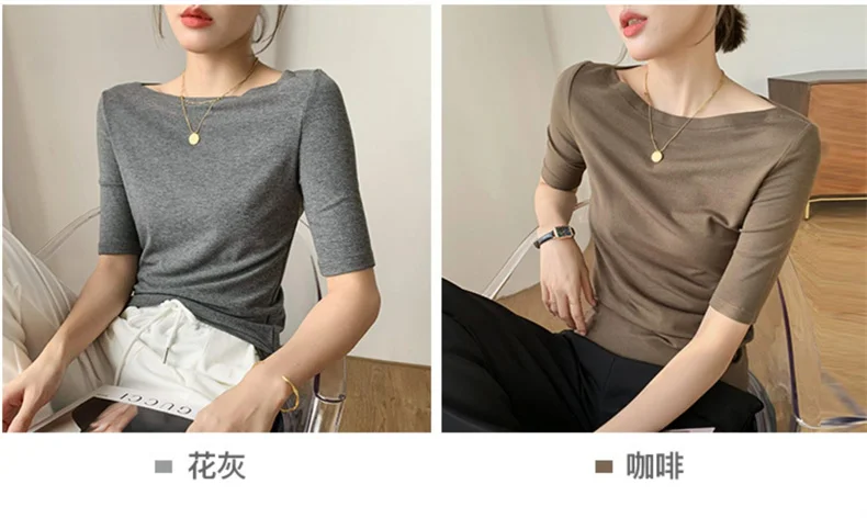 Summer New Women Knitted Cotton Elegant Slash Neck Crop Tops Half Sleeve Slim Casual Temperament Cozy Undershirts Blouses