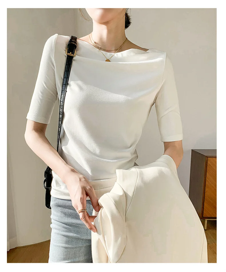 Summer New Women Knitted Cotton Elegant Slash Neck Crop Tops Half Sleeve Slim Casual Temperament Cozy Undershirts Blouses