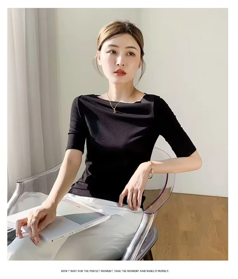 Summer New Women Knitted Cotton Elegant Slash Neck Crop Tops Half Sleeve Slim Casual Temperament Cozy Undershirts Blouses