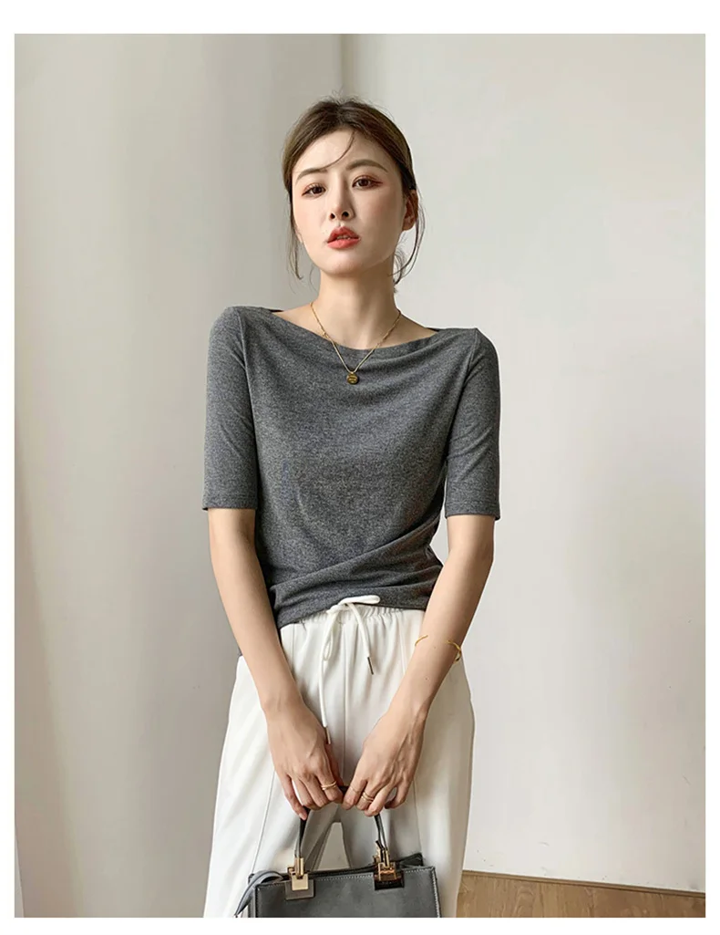 Summer New Women Knitted Cotton Elegant Slash Neck Crop Tops Half Sleeve Slim Casual Temperament Cozy Undershirts Blouses