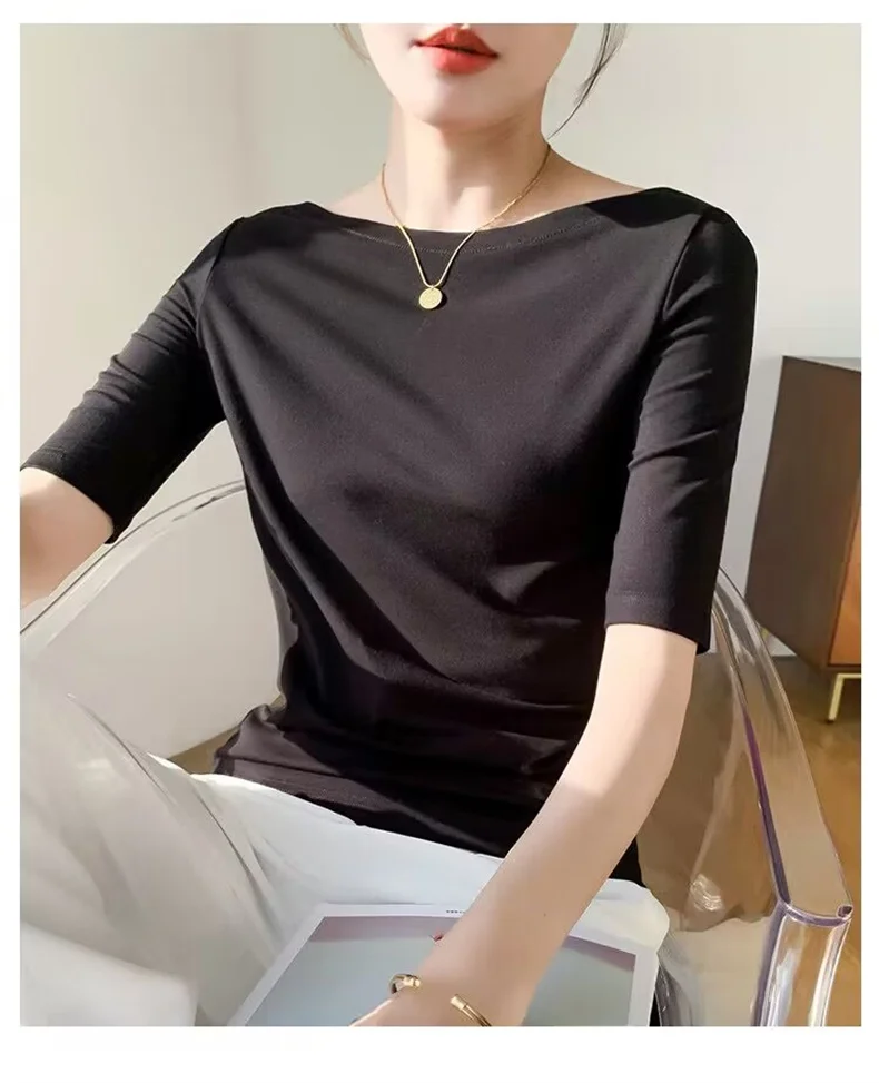 Summer New Women Knitted Cotton Elegant Slash Neck Crop Tops Half Sleeve Slim Casual Temperament Cozy Undershirts Blouses